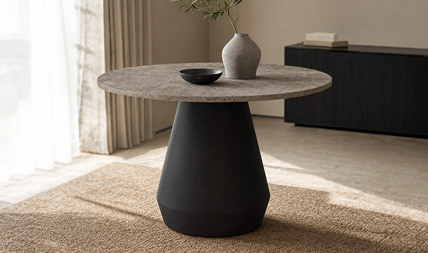 Round dining table with stone-look top and black pedestal base in a bright modern room